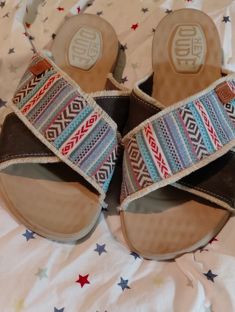 Hey Dude Women's Patterned Cross-Strap Slides in Tan with Multi-Color Straps